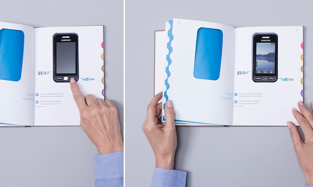 Top view of the manual showing the phone in the middle